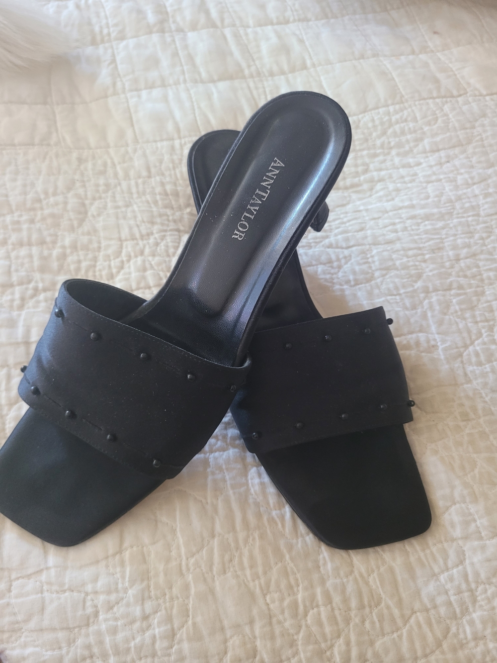 Ann Taylor Black Studded Square-Toe Slide Mules
